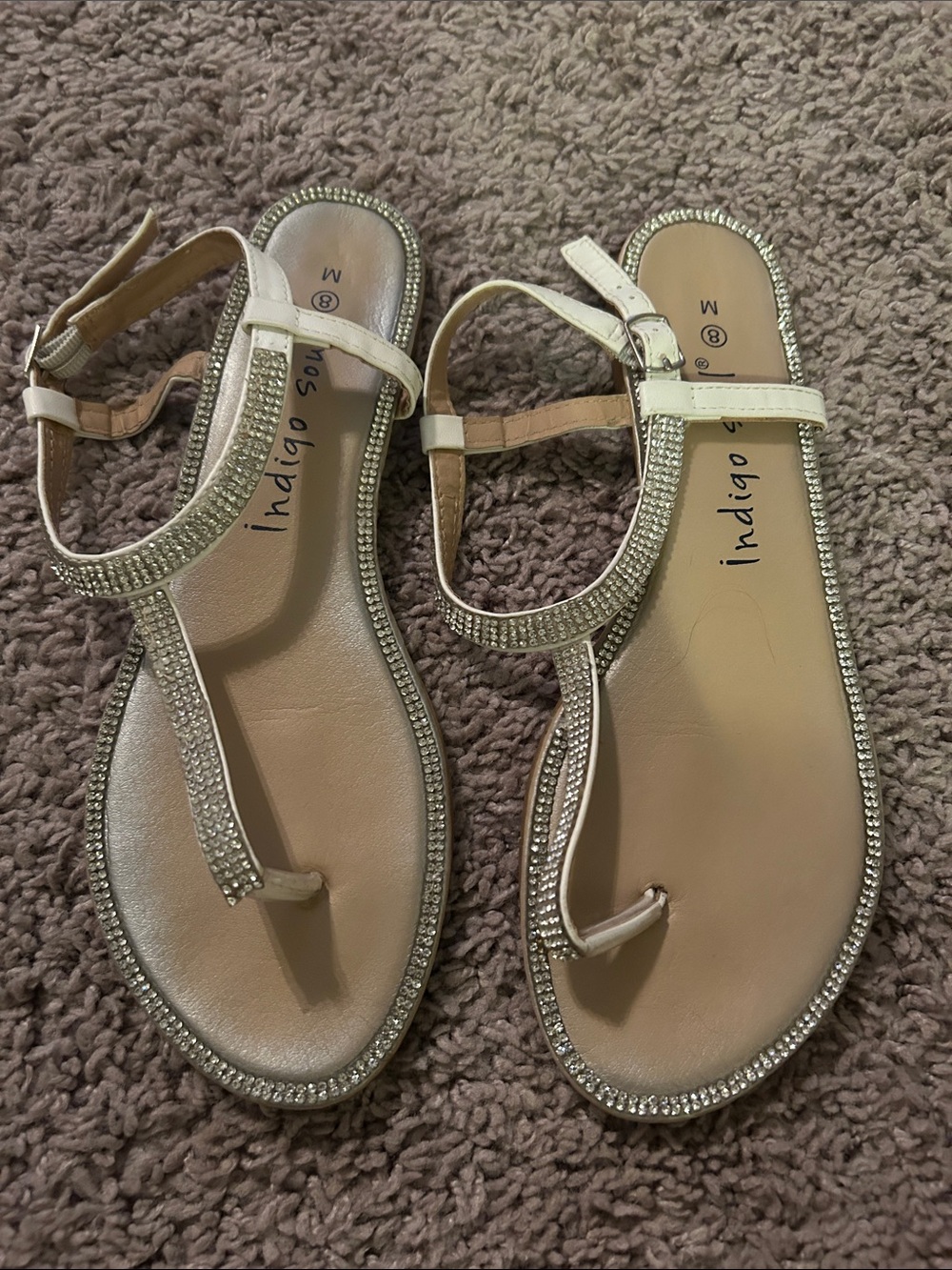 Women’s Rhinestone T-Strap Sandals in Beige by Indigo Soul